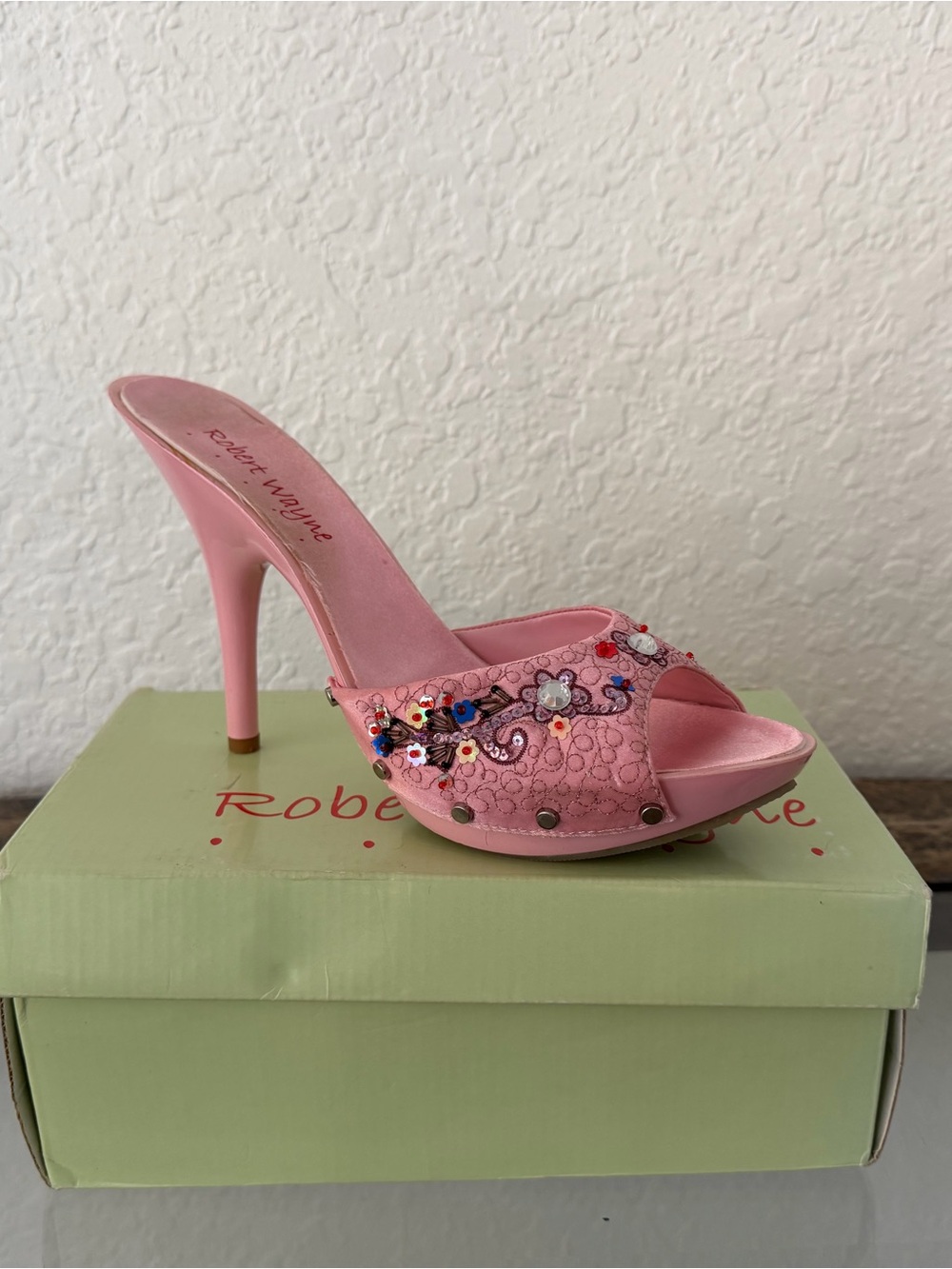 Robert Wayne Pink Sequin Floral Open-Toe Mule Heels